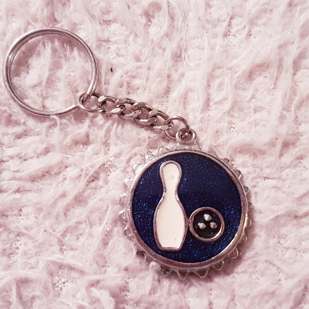 Bowling Ball Keychain Vintage Blue Sparkle Bowlers Keyring